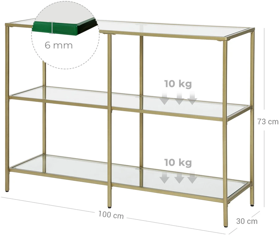 Songmics Konsolinis stalas iš grūdinto stiklo su auksiniu rėmu 100x30x73 cm