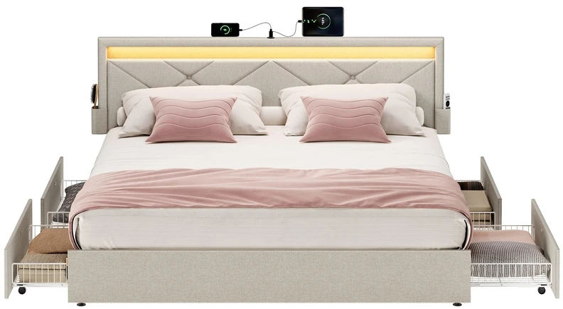 Songmics Metalinė lova su LED apšvietimu ir stalčiais 210,2 x 169 cm