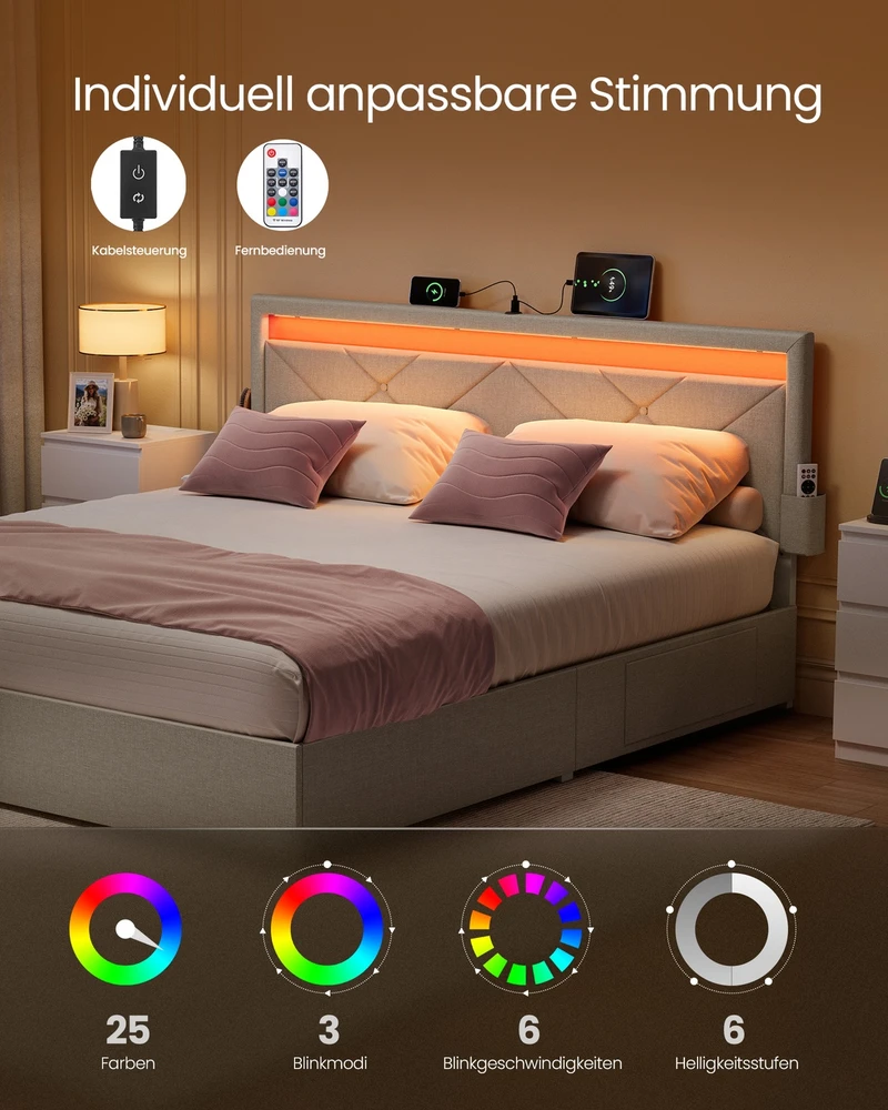 Lova Songmics Metalo lovos rėmas su LED apšvietimu ir stalčiais 210x149 cm