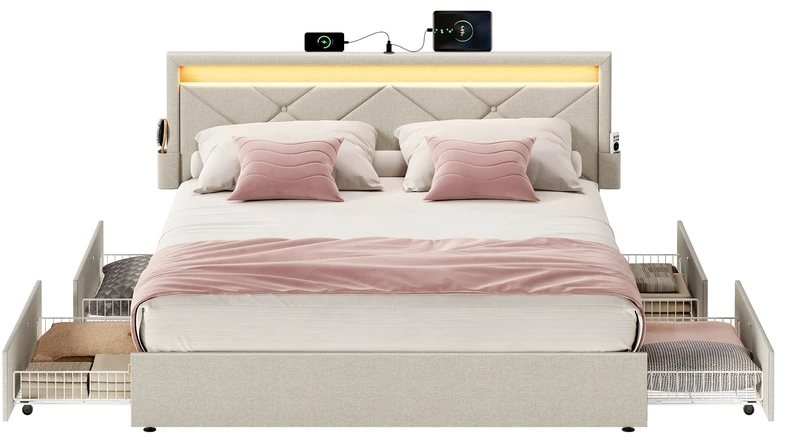 Lova Songmics Metalo lovos rėmas su LED apšvietimu ir stalčiais 210x149 cm