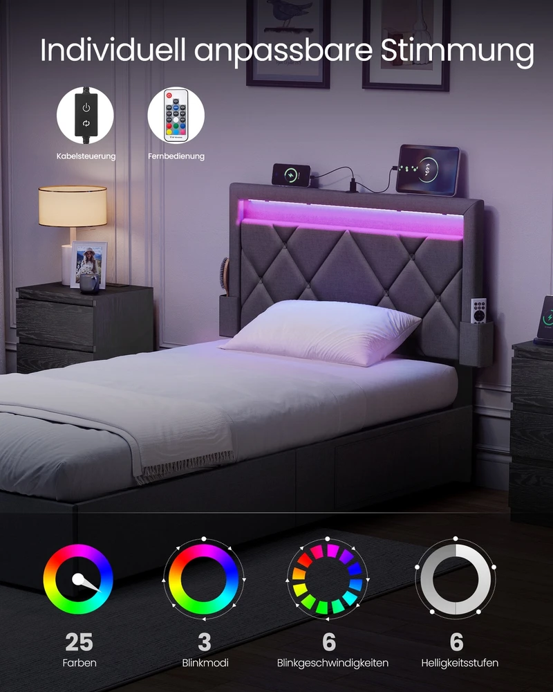 Songmics Metalinė lova su LED apšvietimu ir stalčiais