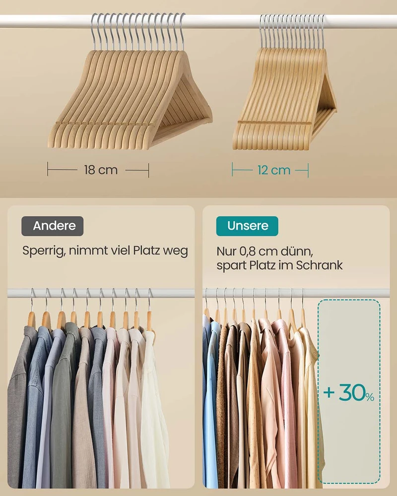 SONGMICS medinių pakabų 30 vnt. rinkinys su 360° pasukamais kabliais, natūralios spalvos