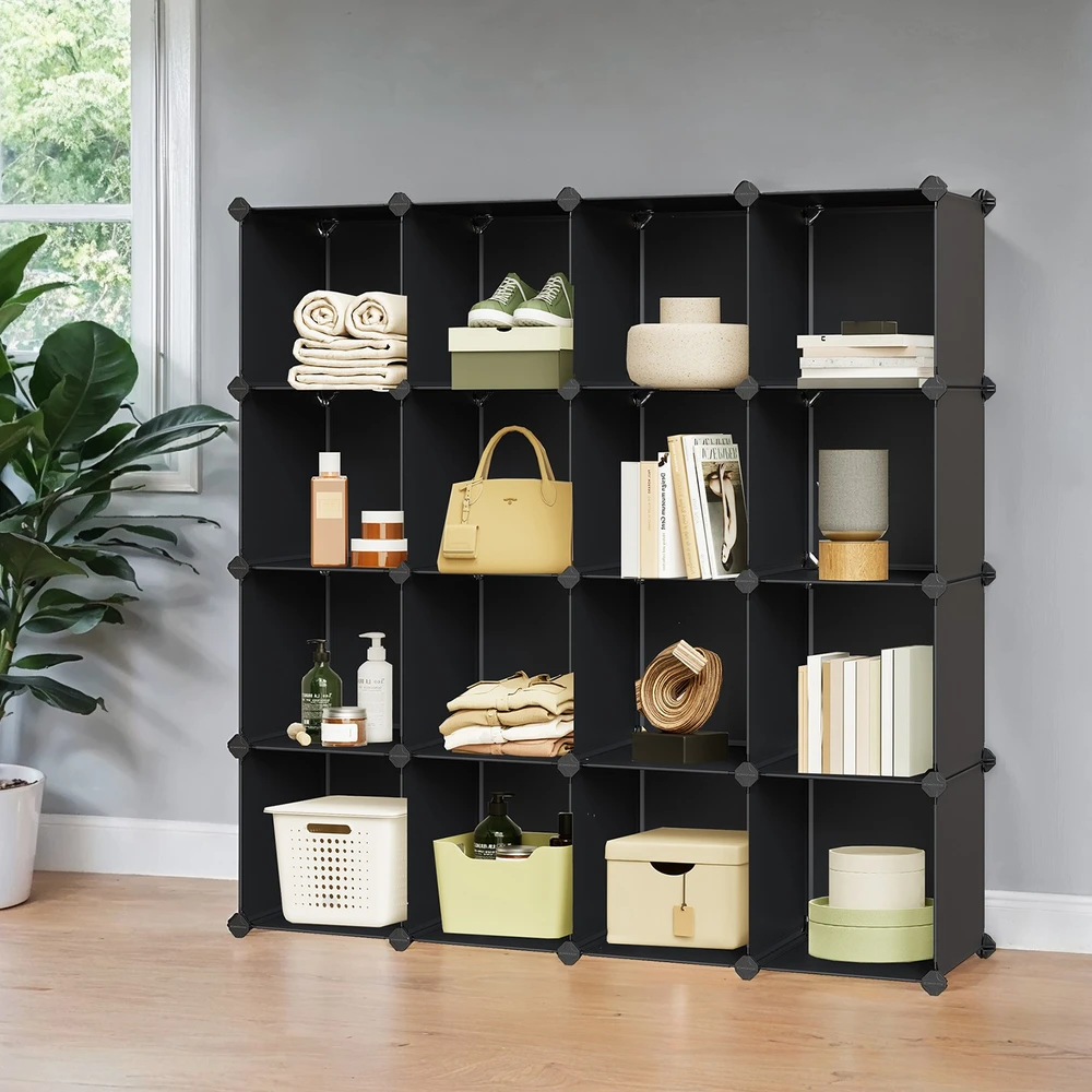 Songmics Modulinė lentyna 125x31x125 cm 16 kubelių juoda