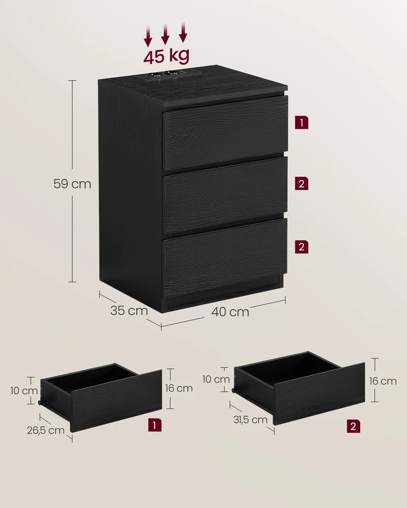Songmics Vasagle 2 naktinių staliukų rinkinys 2 USB jungtys modernus juodmedžio juodos spalvos