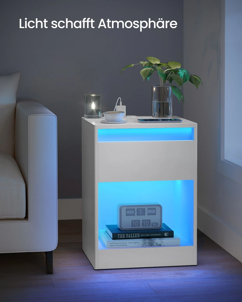 Songmics Vasagle Naktinė spintelė su LED apšvietimu modernus debesų baltos spalvos
