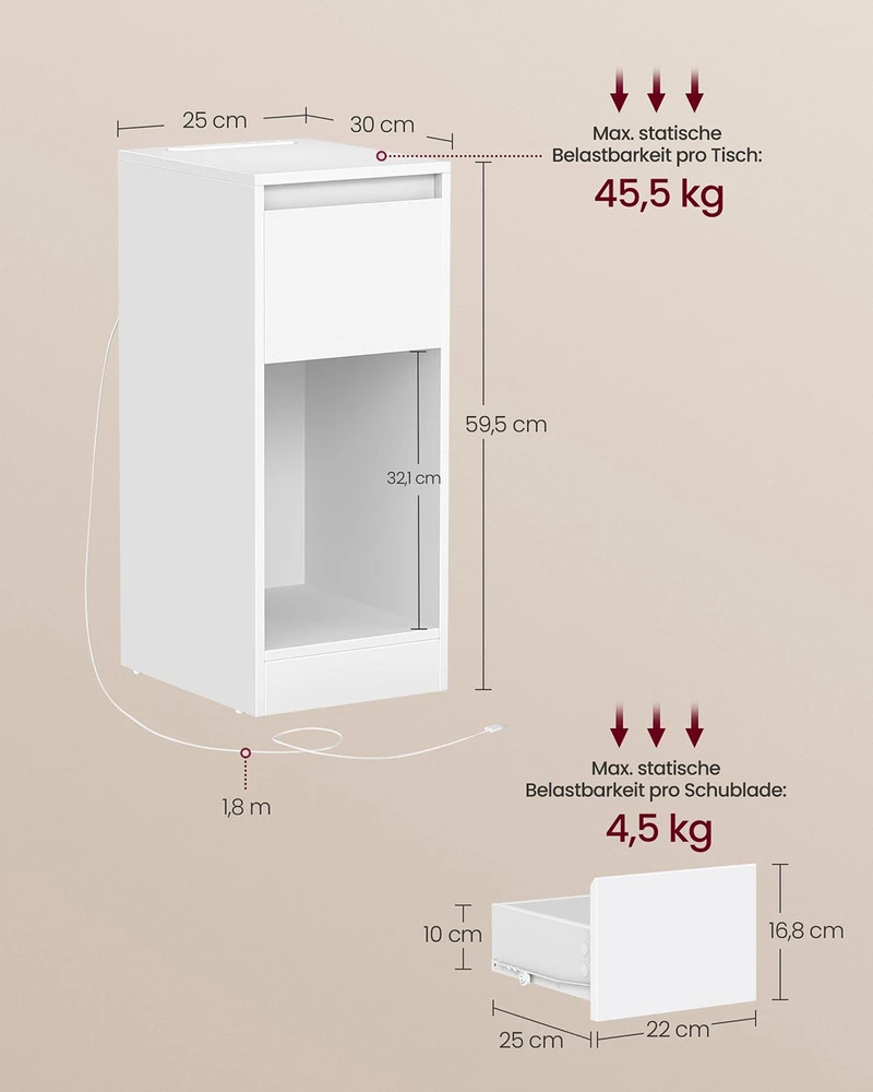 Songmics Naktinis staliukas su LED apšvietimu, USB-A ir USB-C jungtimis, stalčiumi, 30 x 25 x 59,5 cm