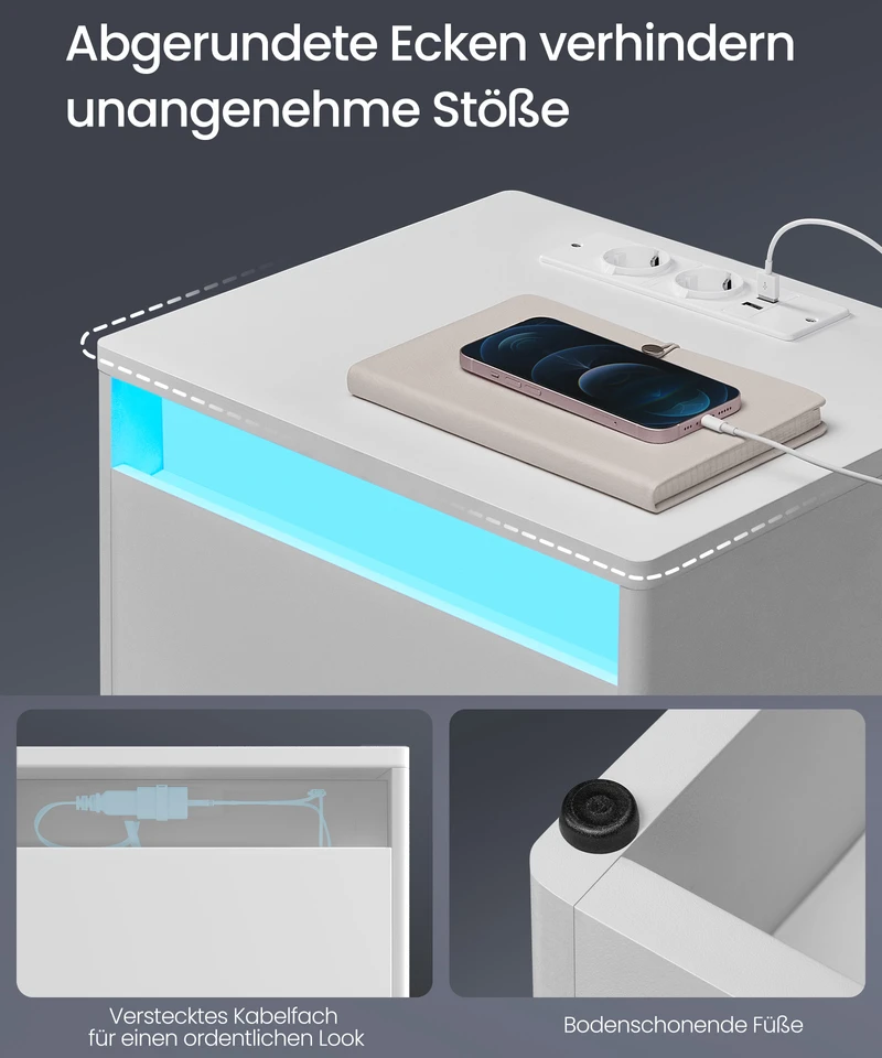 Songmics Vasagle Naktinė spintelė su LED apšvietimu modernus debesų baltos spalvos