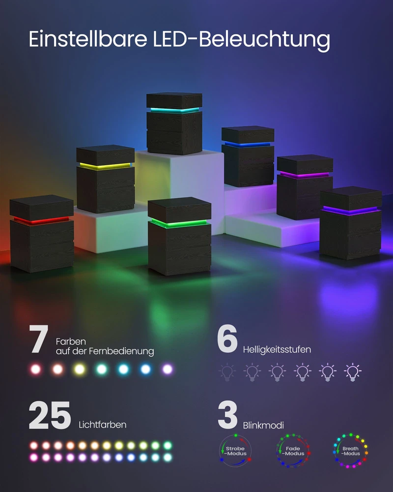 Songmics Vasagle Naktinė spintelė su LED apšvietimu, moderni balta