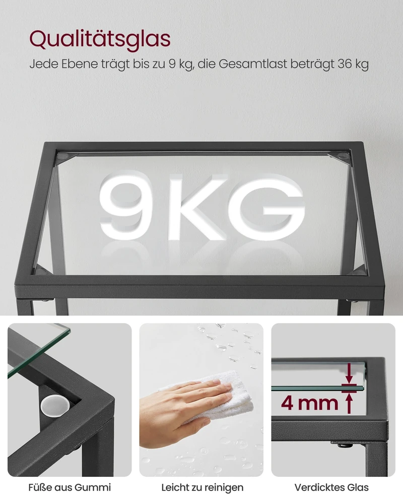 Songmics Vasagle Stovinti lentyna su 4 grūdinto stiklo lentynomis, juoda