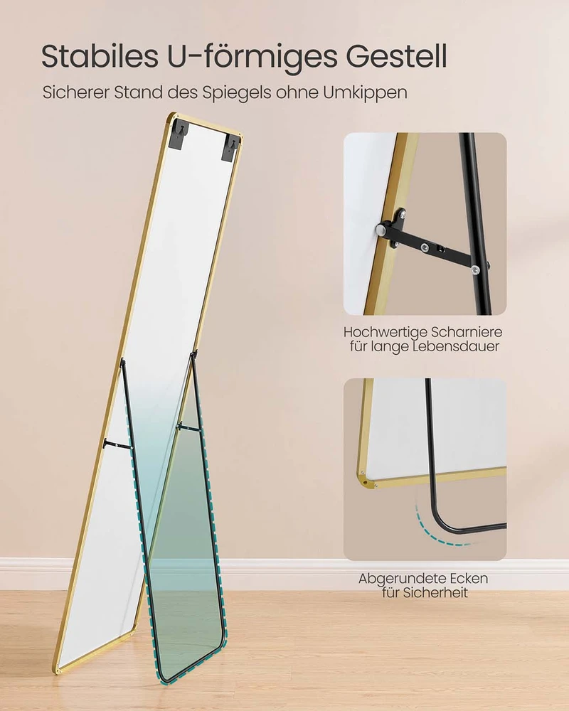 Songmics Stačiakampis veidrodis per visą ilgį 160 x 50 cm šviesiai auksinis