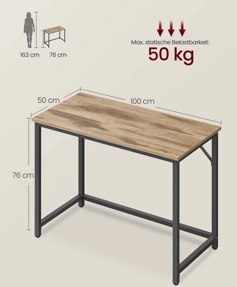 Vasagle Biuro stalas 100 x 50 x 76 cm kupranugario rudos-ryškiai juodos spalvos