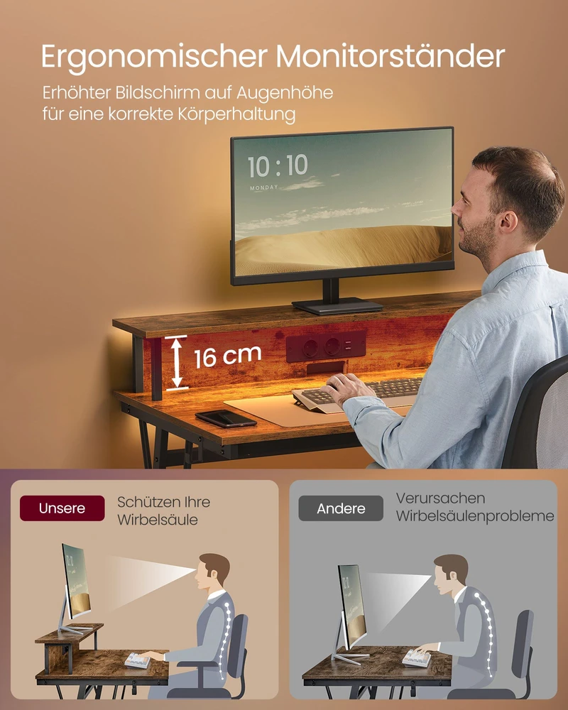 Songmics Vasagle Rašomasis stalas su maitinimo juostele 60 x 100 x 76 cm ruda vintažinė