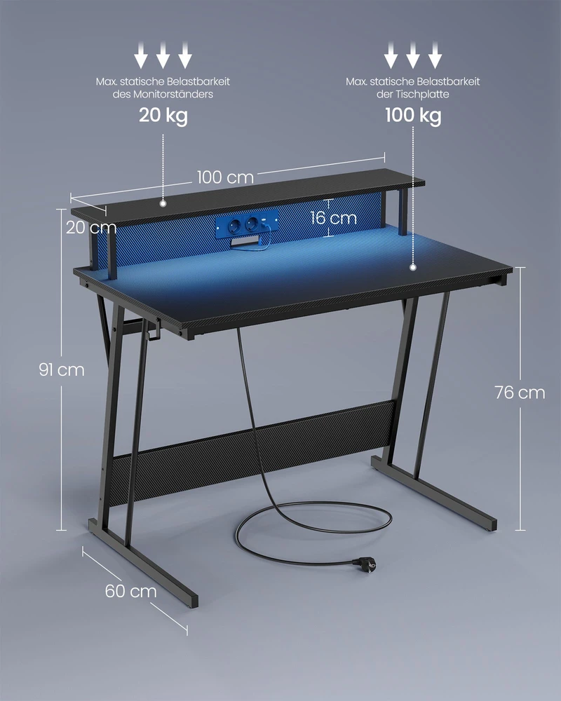 Songmics Vasagle Rašomasis stalas su maitinimo juosta 60 x 120 x 76 cm suodžių juodos spalvos