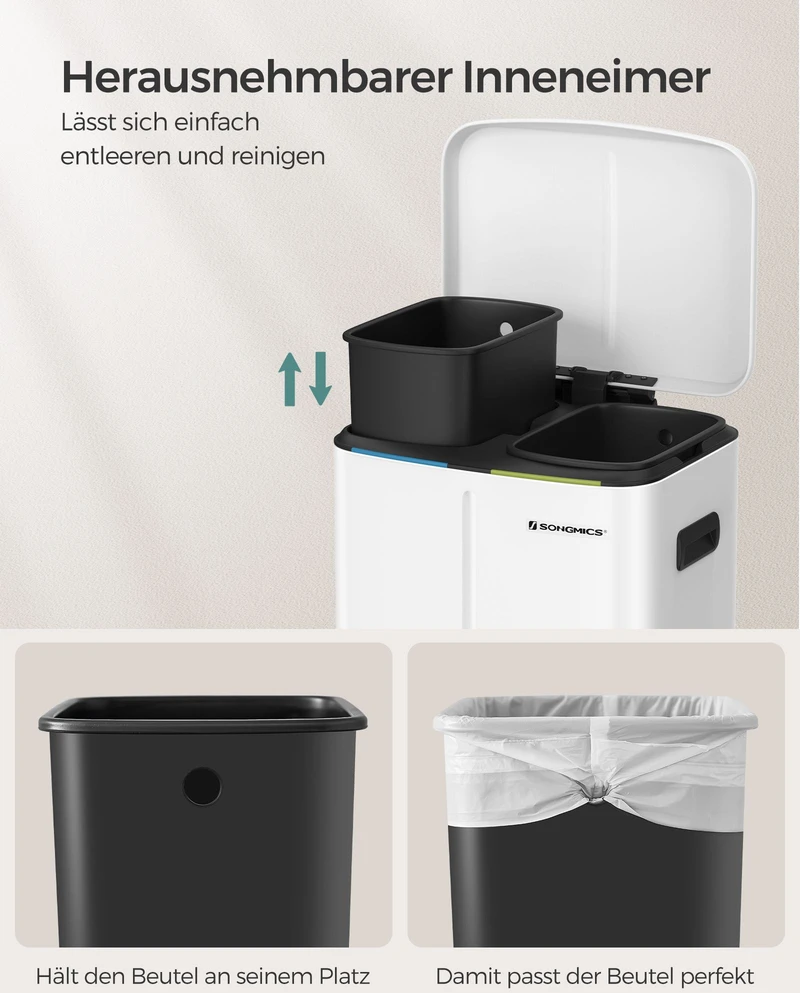 Songmics 40 litrų talpos šiukšliadėžė (2 x 20 l) Balta