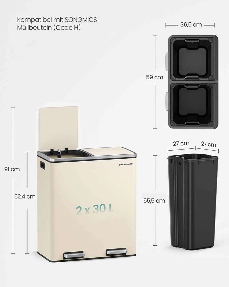 Songmics 2 x 30 litrų talpos šiukšliadėžė su dangčiu ir vidine šiukšliadėže kreminės spalvos balta