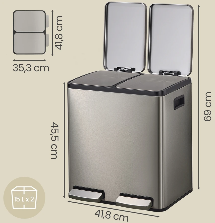 Songmics Šiukšliadėžė 2 x 15 l