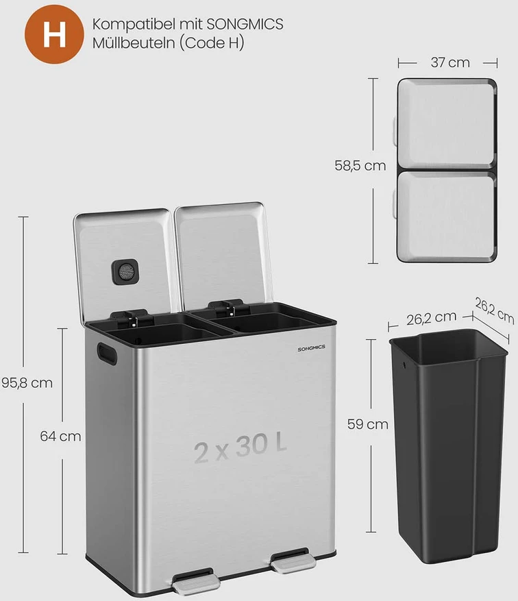 Songmics Nerūdijančio plieno šiukšliadėžė su dviem skyriais ir Softclose pedalu, 58,5x37x64 cm