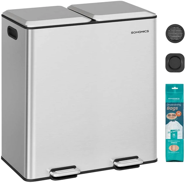 Songmics Nerūdijančio plieno šiukšliadėžė su dviem skyriais ir Softclose pedalu, 58,5x37x64 cm