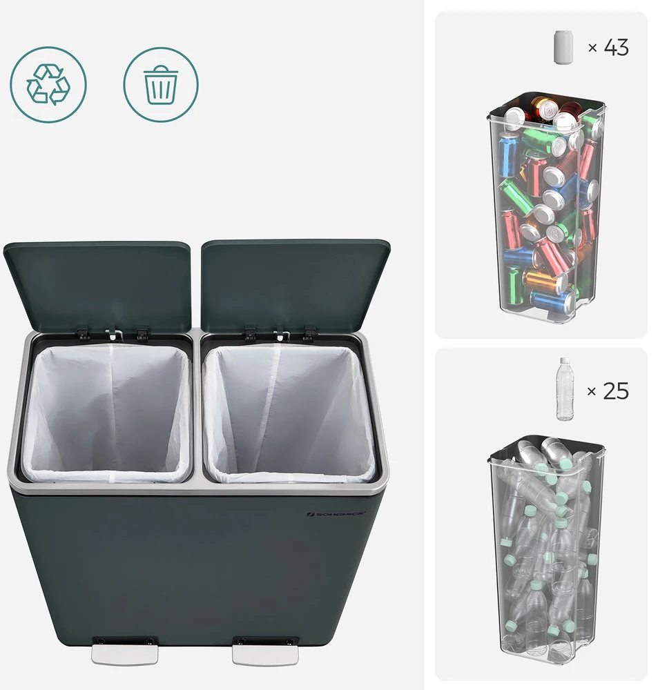 Songmics Atliekų dėžė 60 litrų (2 x 30 L) Pilka