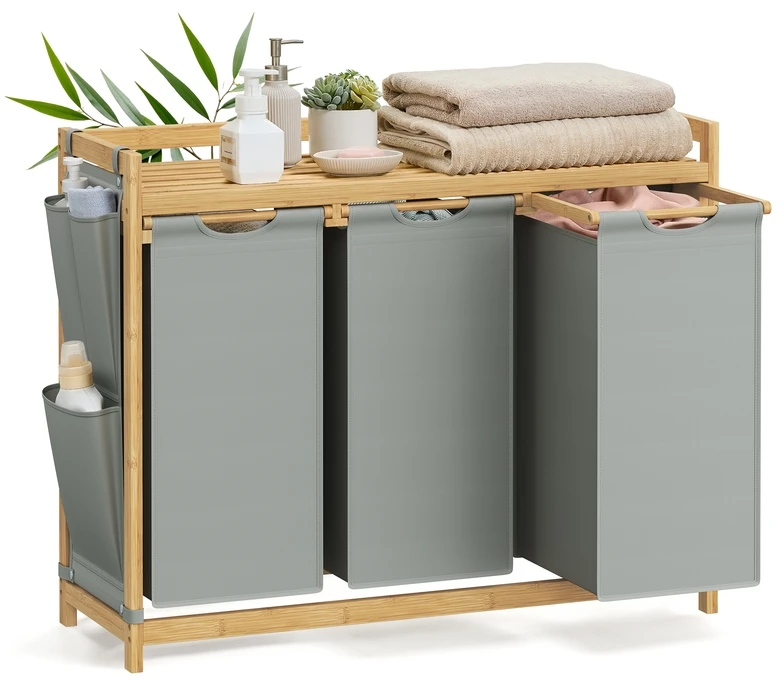 Songmics Skalbinių krepšelis 3 skyriai 3 x 50 L 94 x 33 x 78 cm pilka