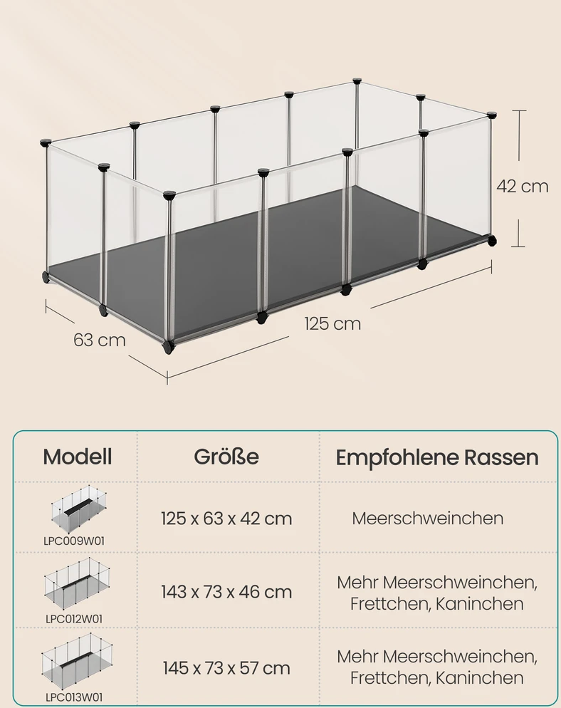 Songmics Mažų gyvūnų aptvaras su pagrindo plokštėmis 125 x 63 x 42 cm