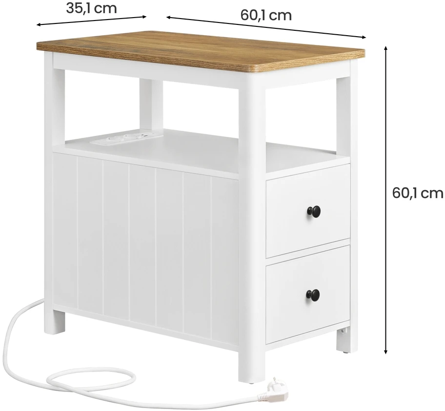 Songmics Kavos staliukas su elektros lizdu ir 2 stalčiais 60x35x60 cm