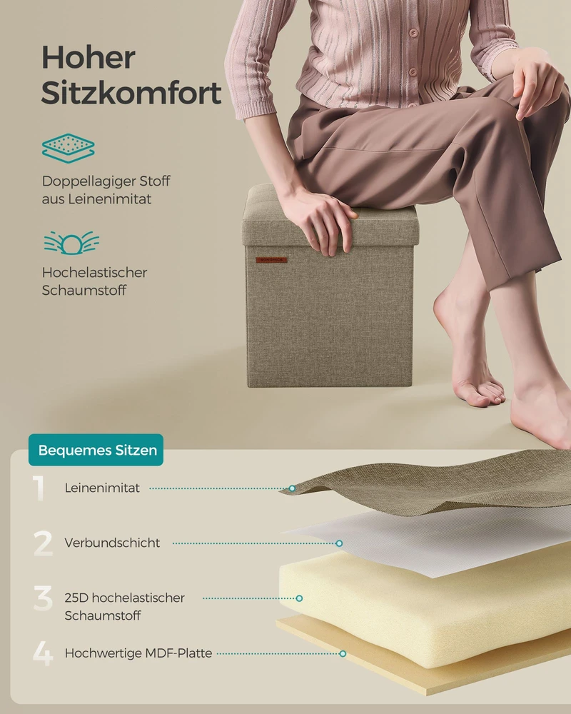 Songmics Sulankstoma taburetė su daiktadėže 30 x 30 cm kupranugario rudos spalvos