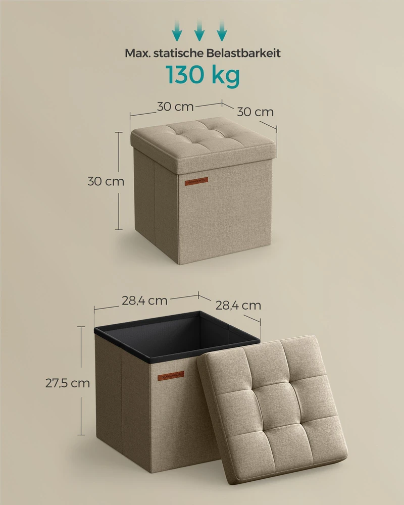 Songmics Sulankstoma taburetė su daiktadėže 30 x 30 cm kupranugario rudos spalvos