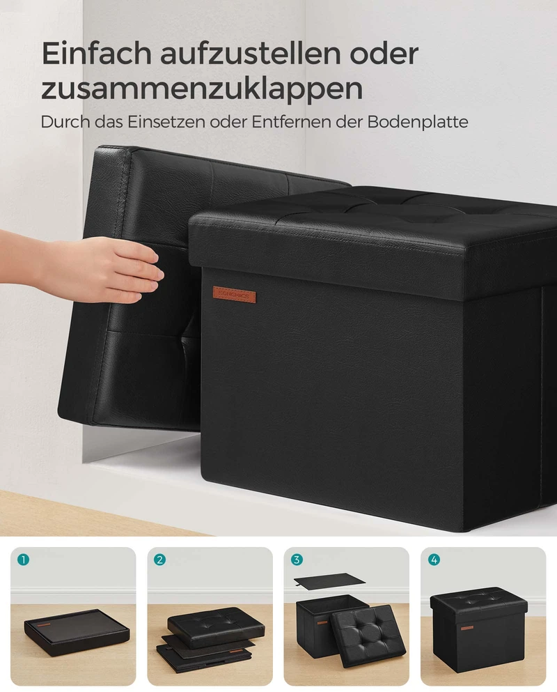 Songmics Sulankstoma suolelio sėdynė su daiktadėže 41 cm rašalas juodas