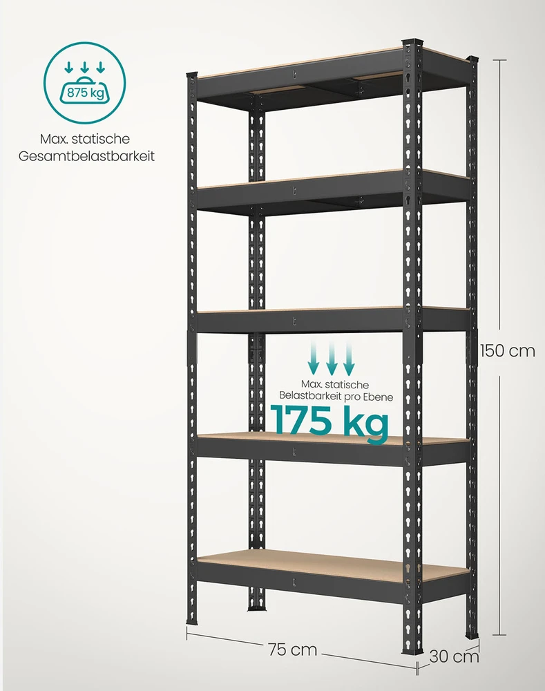 Songmics Didelio atsparumo lentyna su 5 lentynomis 30 x 75 x 150 cm juoda