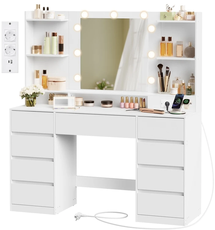 Songmics Kosmetinis staliukas su LED veidrodžiu ir spintelėmis 40 x 107 x 144 cm