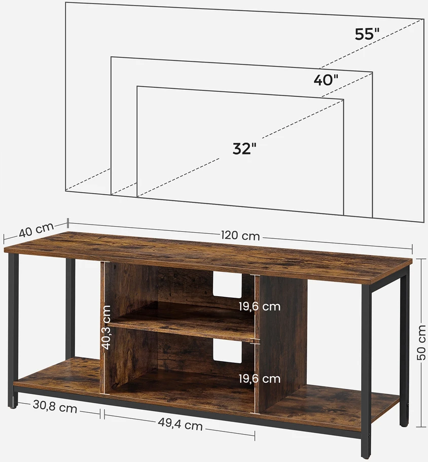 TV staliukas Vasagle TV spintelė su atvirais skyriais 40 x 120 x 50 cm vintažinė ruda-juoda