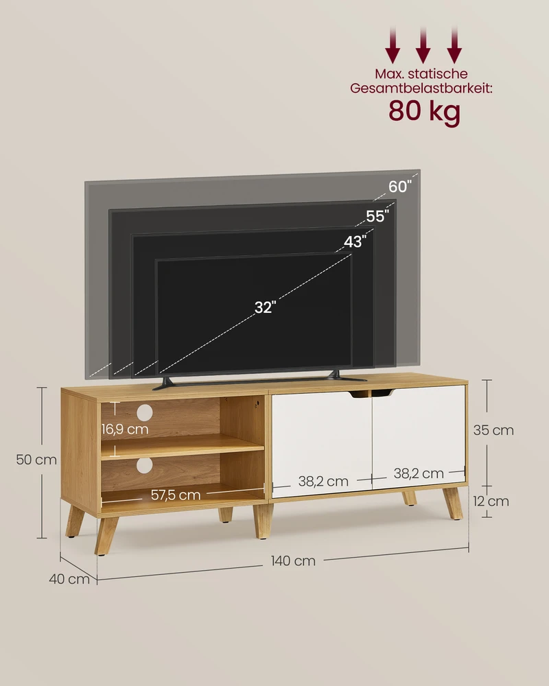TV staliukas Songmics Vasagle Televizoriaus spintelė 140 cm ilgio, natūralaus ąžuolo spalva - kreminė balta