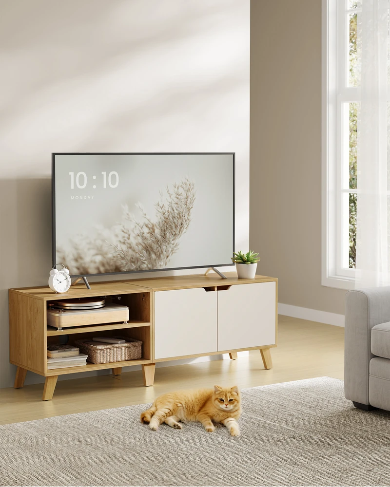TV staliukas Songmics Vasagle Televizoriaus spintelė 140 cm ilgio, natūralaus ąžuolo spalva - kreminė balta