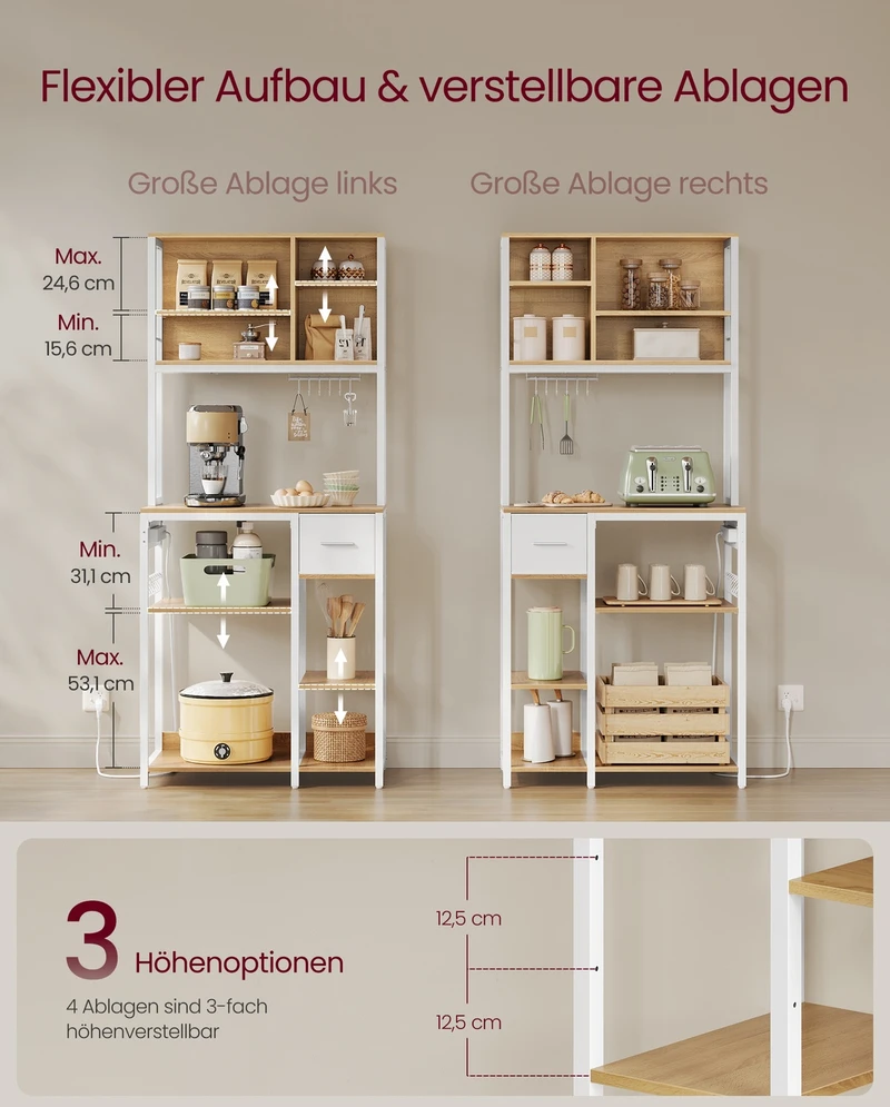 Songmics Vasagle Virtuvės lentyna su lizdais ir medžiaginiu stalčiumi 40 x 80 x 180,4 cm
