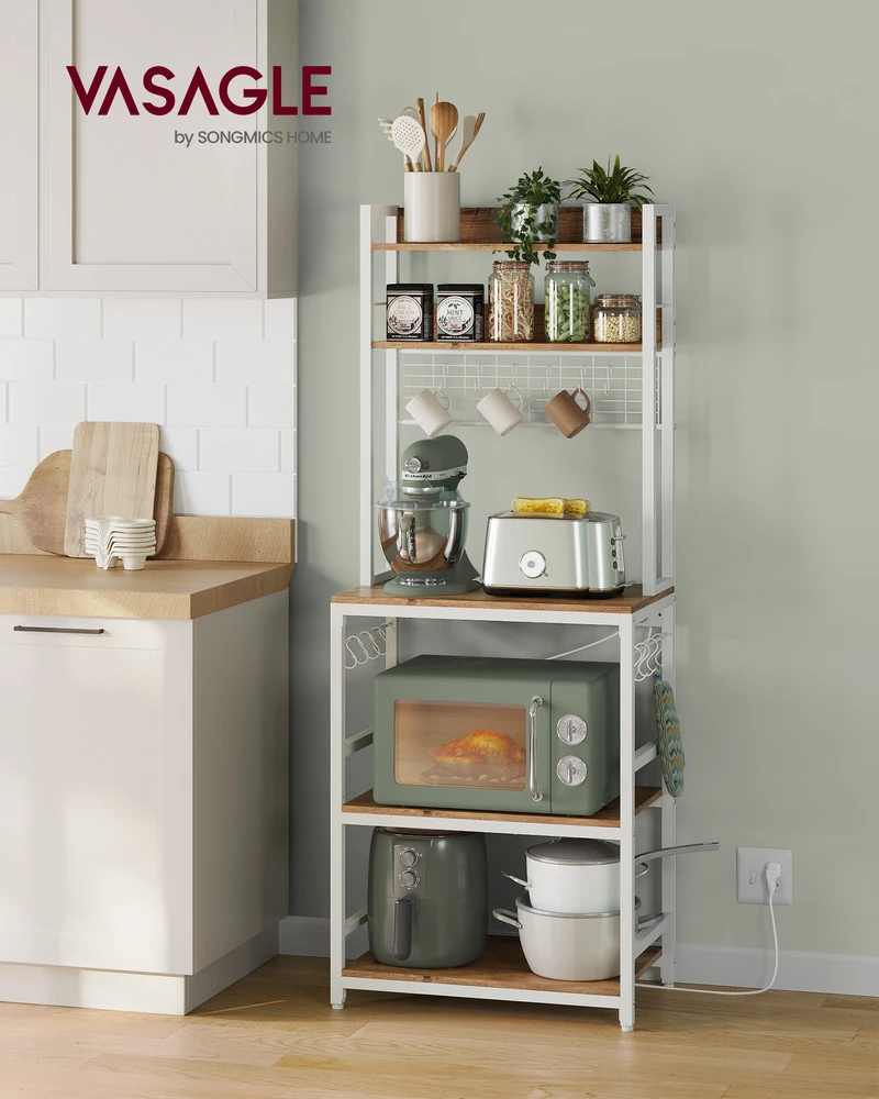 Songmics Vasagle Stovinti lentyna su kištukiniais lizdais 14 kabliukų riešutmedžio ruda-balta
