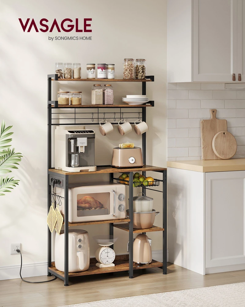 Songmics Vasagle Stovinti lentyna su kištukiniais lizdais ir krepšeliu vintažinė ruda-rožinė juoda