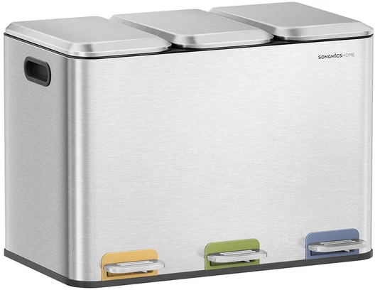 Songmics Virtuvės šiukšlių dėžė 3 x 15 L skyriai, sidabrinės spalvos, metalo spalvos