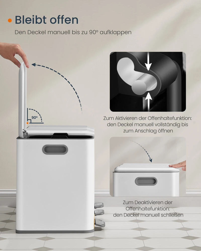 Songmics Virtuvės šiukšlių dėžė 3 x 15 L skyriai drumstai balta