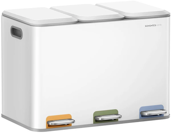 Songmics Virtuvės šiukšlių dėžė 3 x 15 L skyriai drumstai balta
