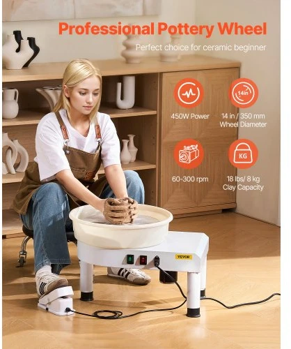 VEVOR Profesionalus elektrinis žiedimo ratas su kojiniu pedalu ir reguliuojamu aukščiu, 35 cm, 60–300 RPM, baltas