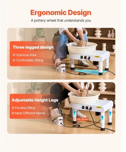 VEVOR Profesionalus elektrinis žiedimo ratas su kojiniu pedalu ir reguliuojamu aukščiu, 35 cm, 60–300 RPM, baltas