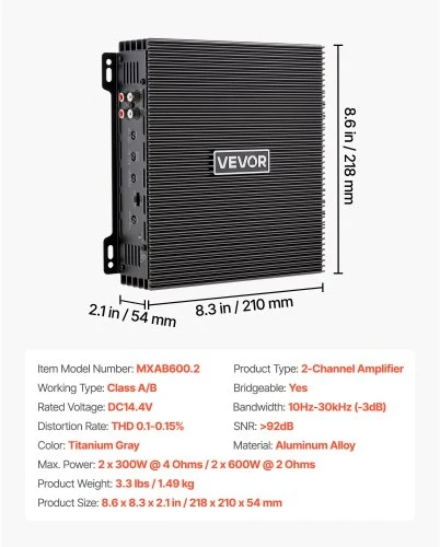 VEVOR 2 kanalų automobilinis stiprintuvas