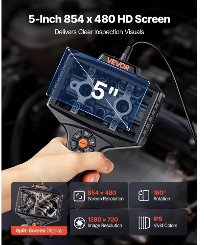 VEVOR 360° motorizuotas sukimosi endoskopas, dvigubos kameros boreskopinė kamera su šviesa, 5" HD IPS, 8 mm, 5 m