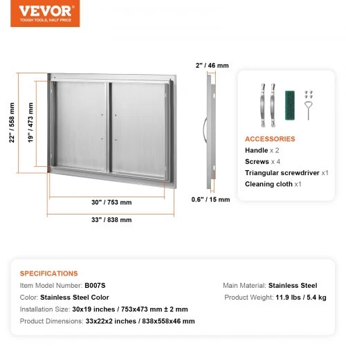 VEVOR Nerūdijančio plieno BBQ prieigos durys 838x558 mm