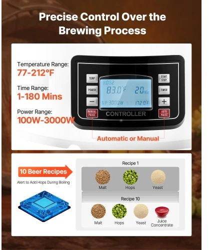 VEVOR Elektrinė alaus virimo sistema DM-N60, 60 l, 3000 W, nerūdijančio plieno, 48 x 45 x 92 cm