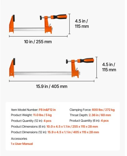 VEVOR F spaustuvų rinkinys medienai, 8 vnt., 15 cm ir 30 cm, iki 272 kg