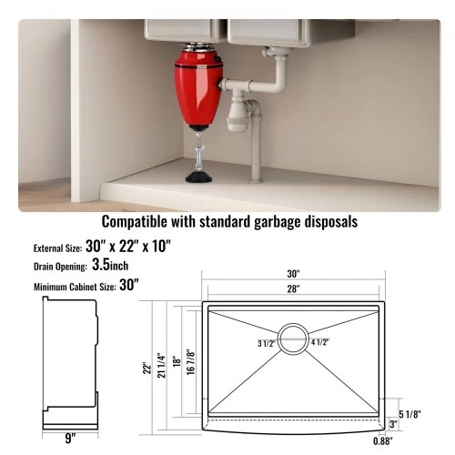 VEVOR virtuvės kriauklė iš nerūdijančio plieno, 30 cm