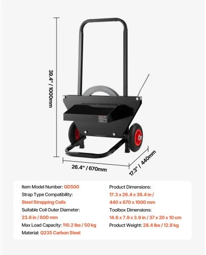 VEVOR Plieninių juostų vežimėlis su gum. ratais