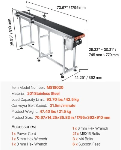 VEVOR Kombinuotas konvejeris 180 cm x 20 cm su motoru